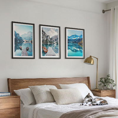 3 paveikslų rinkinys su rėmais Kalnų ežerų valčių atspindys