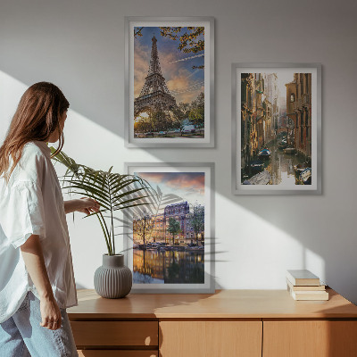 Įrėmintas triptikas Eifelio bokštas Venecija Amsterdamo kanalai