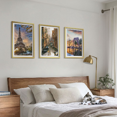 Įrėmintas triptikas Eifelio bokštas Venecija Amsterdamo kanalai
