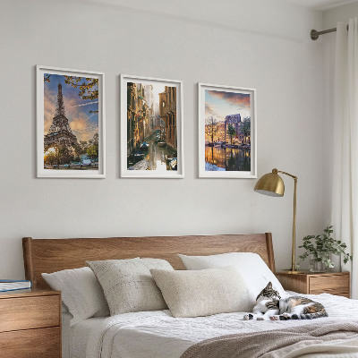 Įrėmintas triptikas Eifelio bokštas Venecija Amsterdamo kanalai