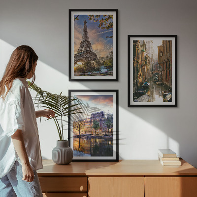 Įrėmintas triptikas Eifelio bokštas Venecija Amsterdamo kanalai