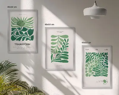 3 paveikslų rinkinys su rėmais žaliųjų lapų augalų motyvais