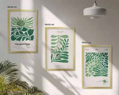 3 paveikslų rinkinys su rėmais žaliųjų lapų augalų motyvais