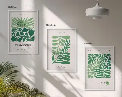 3 paveikslų rinkinys su rėmais žaliųjų lapų augalų motyvais