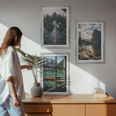 Įrėmintas triptikas Tiltas, miškas, ežeras, valtys, kalnai