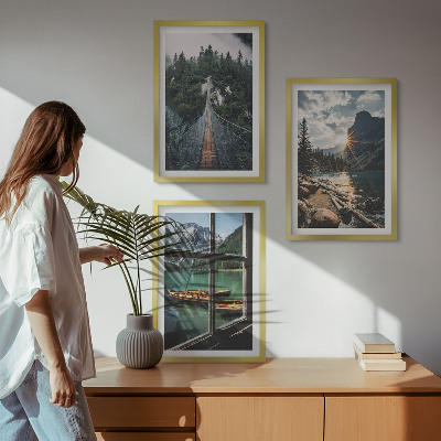 Įrėmintas triptikas Tiltas, miškas, ežeras, valtys, kalnai