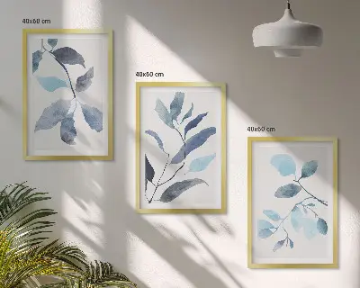 Mėlynų lapų akvarelė 3 paveikslų rinkinys su rėmais