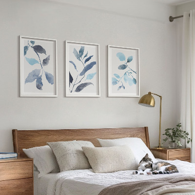 3 paveikslų rinkinys su rėmais Mėlynų lapų akvarelė