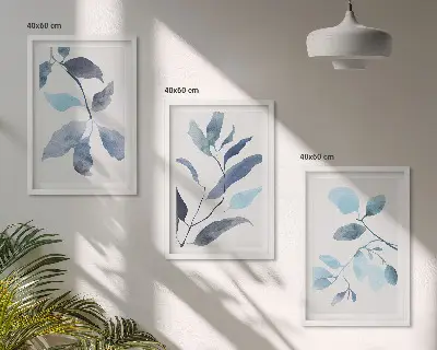 Mėlynų lapų akvarelė 3 paveikslų rinkinys su rėmais
