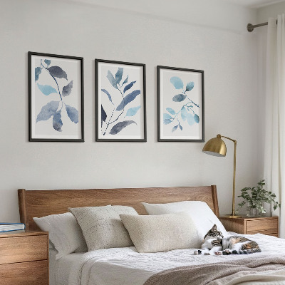 3 paveikslų rinkinys su rėmais Mėlynų lapų akvarelė