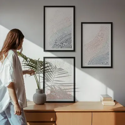 3 paveikslų rinkinys su rėmais abstrakčios bangos kartono pastelės spalvų