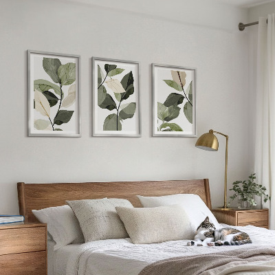 3 paveikslų rinkinys su rėmais Dažyti boho augalų lapai