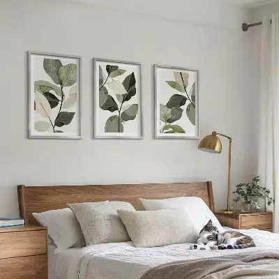3 paveikslų rinkinys su rėmais dažyti boho stiliaus augalų lapai
