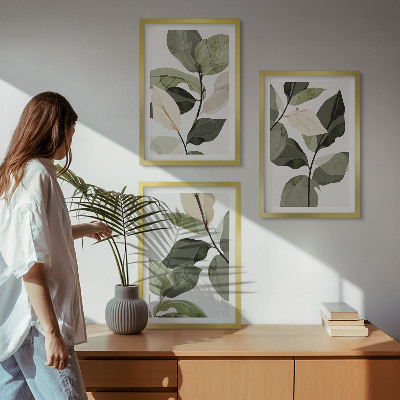 3 paveikslų rinkinys su rėmais Dažyti boho augalų lapai