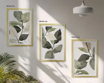 3 paveikslų rinkinys su rėmais dažyti boho stiliaus augalų lapai