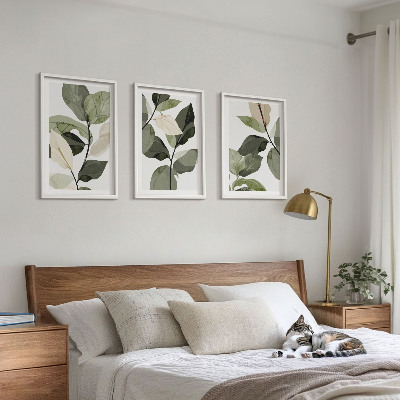 3 paveikslų rinkinys su rėmais Dažyti boho augalų lapai