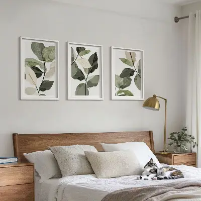 3 paveikslų rinkinys su rėmais dažyti boho stiliaus augalų lapai