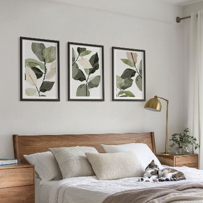 3 paveikslų rinkinys su rėmais Dažyti boho augalų lapai