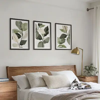 3 paveikslų rinkinys su rėmais dažyti boho stiliaus augalų lapai