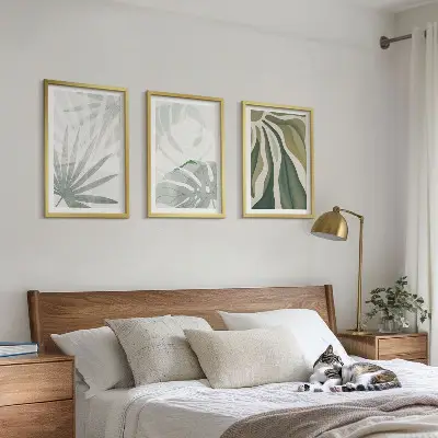 Augalų lapų paveikslų rinkinys 3 paveikslai su rėmais žalių ir pilkų atspalvių