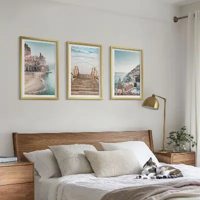 Vasaros pasteliniai paplūdimio vaizdai 3 paveikslų rinkinys su rėmais