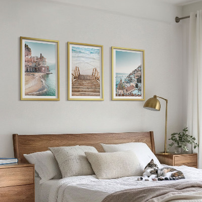 3 paveikslų rinkinys su rėmais Vasaros pasteliniai paplūdimio vaizdai