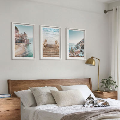 3 paveikslų rinkinys su rėmais Vasaros pasteliniai paplūdimio vaizdai