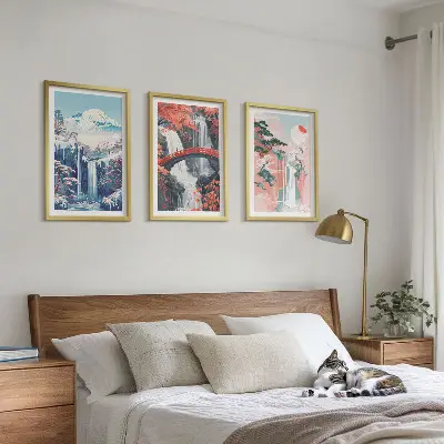 3 paveikslų rinkinys su rėmais kriokliai, kalnai, tiltas ir medžiai