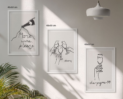 3 paveikslų rinkinys su rėmais Šampano vyno linijinis piešinys
