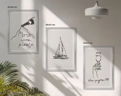 Vyno burlaivio taurės linijinis piešinys 3 paveikslų rinkinys su rėmais