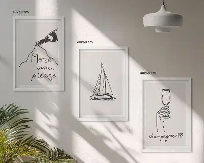Vyno burlaivio taurės linijinis piešinys 3 paveikslų rinkinys su rėmais