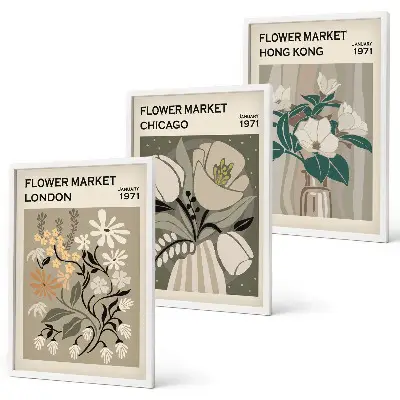 Gėlių mugės Londone, Čikagoje, Honkonge 3 paveikslų rinkinys su rėmais