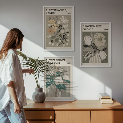 3 paveikslų rinkinys su rėmais Gėlių mugės Londone, Čikagoje, Honkonge