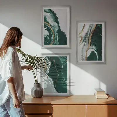 Abstraktūs žalių dažų raštai 3 paveikslų rinkinys su rėmais