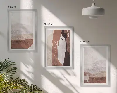 3 paveikslų rinkinys su rėmais rudos ir smėlio spalvos abstraktūs raštai