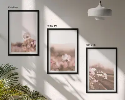 Laukinių gėlių pievos vasaros peizažai 3 paveikslų rinkinys su rėmais