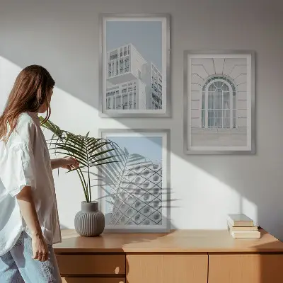 Šiuolaikinės architektūros geometrija 3 paveikslų rinkinys su rėmais
