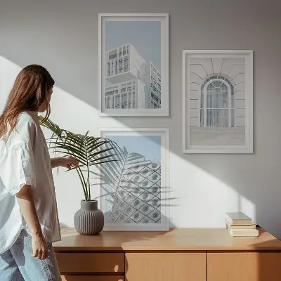 Šiuolaikinės architektūros geometrija 3 paveikslų rinkinys su rėmais