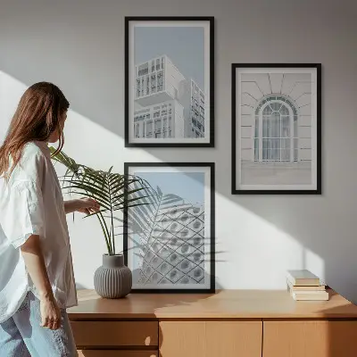Šiuolaikinės architektūros geometrija 3 paveikslų rinkinys su rėmais