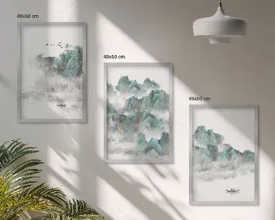 Įrėmintas triptikas su kalnų, debesų, paukščių ir valties japoniško stiliaus vaizdu
