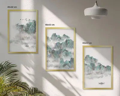 Įrėmintas triptikas su kalnų, debesų, paukščių ir valties japoniško stiliaus vaizdu