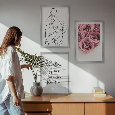 3 paveikslų rinkinys su rėmais Šeimyninės linijinio piešinio rožių puokštės