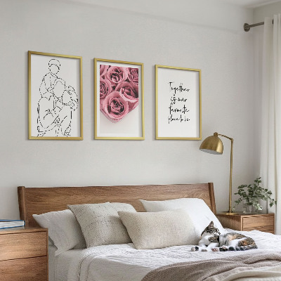 3 paveikslų rinkinys su rėmais Šeimyninės linijinio piešinio rožių puokštės