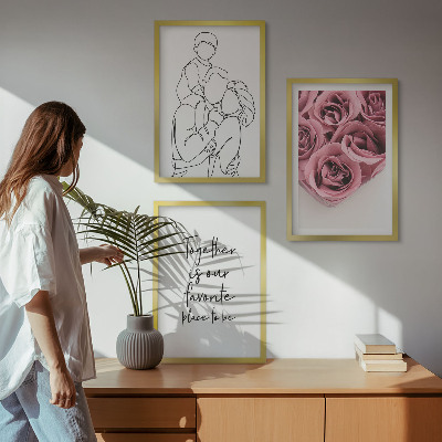 3 paveikslų rinkinys su rėmais Šeimyninės linijinio piešinio rožių puokštės
