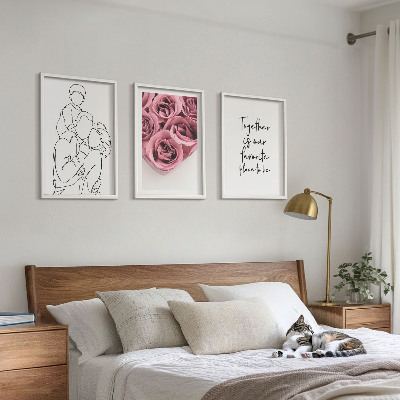 3 paveikslų rinkinys su rėmais Šeimyninės linijinio piešinio rožių puokštės