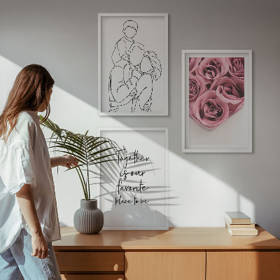 3 paveikslų rinkinys su rėmais Šeimyninės linijinio piešinio rožių puokštės