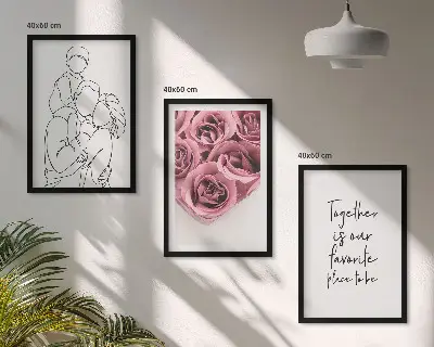 Šeimyninis linijinis rožių puokštės piešinys 3 paveikslų rinkinys su rėmais