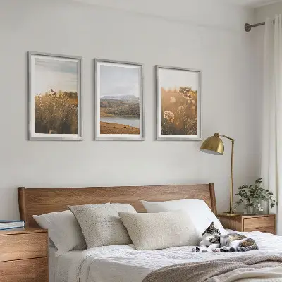 3 paveikslų rinkinys su rėmais peizažai su pievomis, kalnais ir ežeru