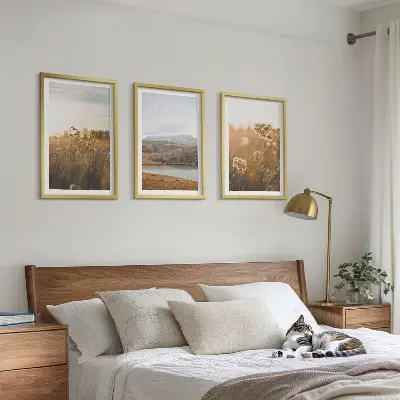 3 paveikslų rinkinys su rėmais peizažai su pievomis, kalnais ir ežeru
