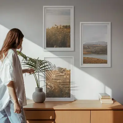 3 paveikslų rinkinys su rėmais peizažai su pievomis, kalnais ir ežeru